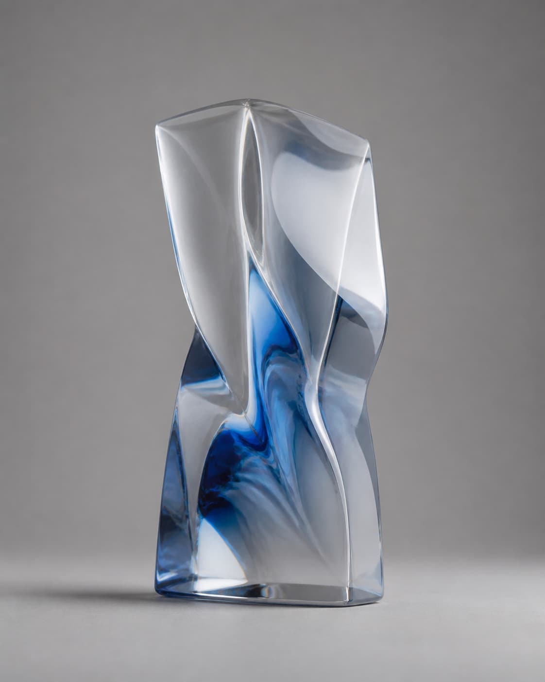 A translucent glass monolith with cobalt reflections.